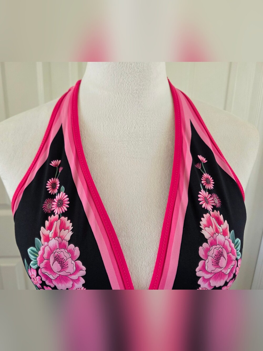 Johnny Was Blum Floral Halter One Piece Swimsuit Black Pink Floral Size M - Picture 11 of 14